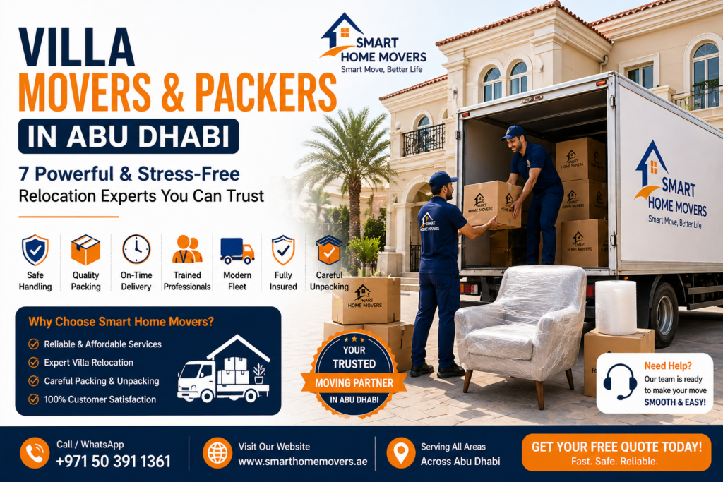  Villa  movers and packers in Abu Dhabi. workers packing boxes to vehicle.